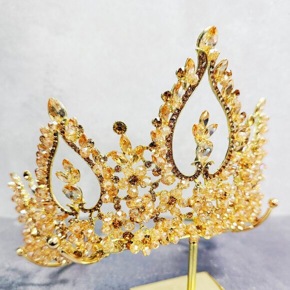 Bridal Tiara Crown, Gold Crystal Beaded Headpiece, Gold Pageant Crown - Picture 4 of 8